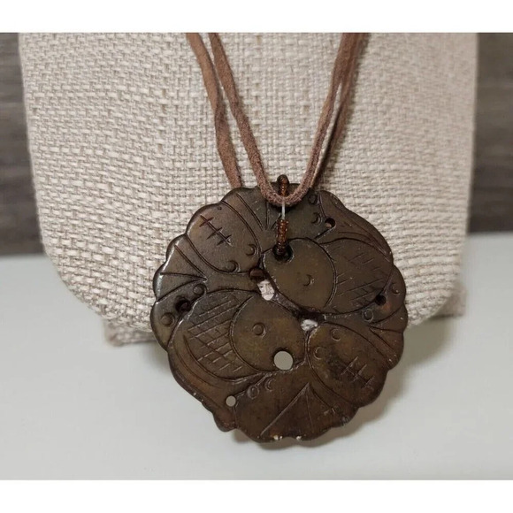 Womens Necklace Brown Jade Like Stone Carved with Koi Fish on Leather Chain - Picture 2 of 8